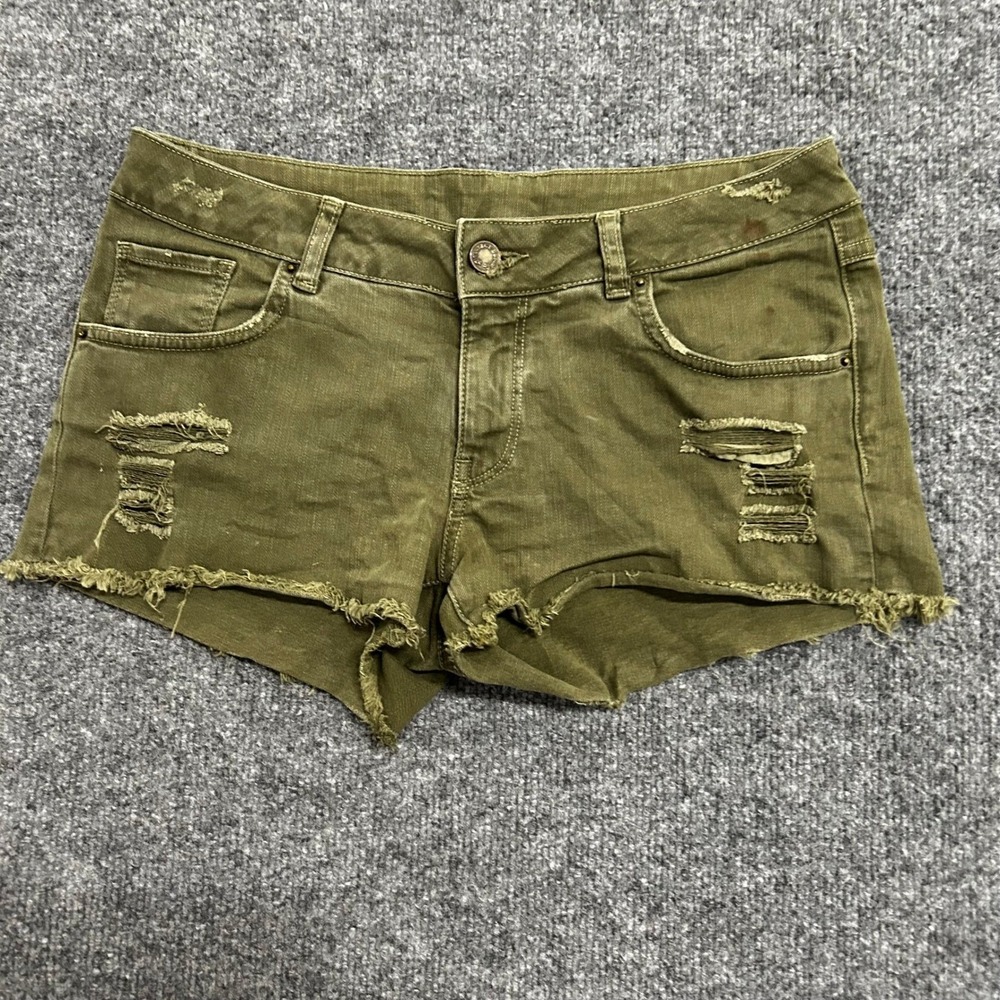 Pimkie Shorts Womens Size 36 Olive Green Distressed Raw Hem Low Rise Denim